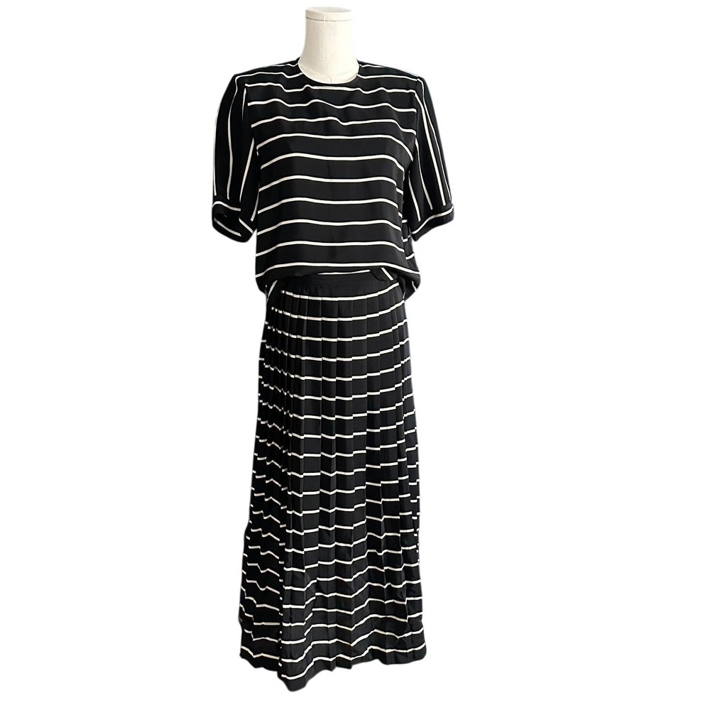 Vintage Alfred Sung 100% Silk 2-Piece Set - Striped Top 8 Pleated Midi Skirt 10‎